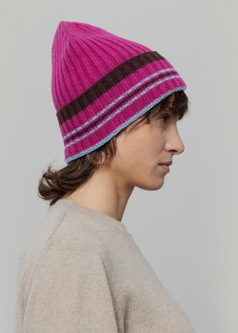 Cappello Cashmere Beanie Invernale a Righe Fucsia Mira - Rifò Lab Moda circolare made in Italy