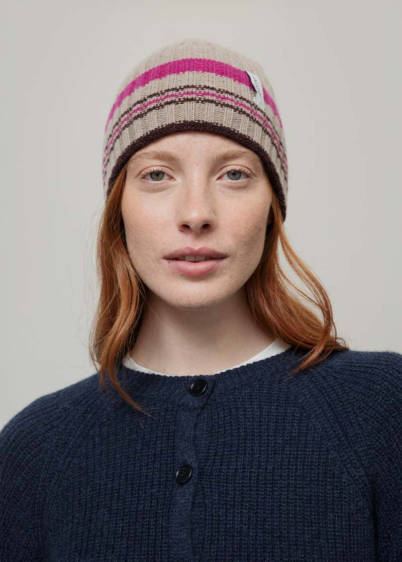 Cappello Cashmere Beanie Invernale a Righe Beige Mira - Rifò Lab Moda circolare made in Italy