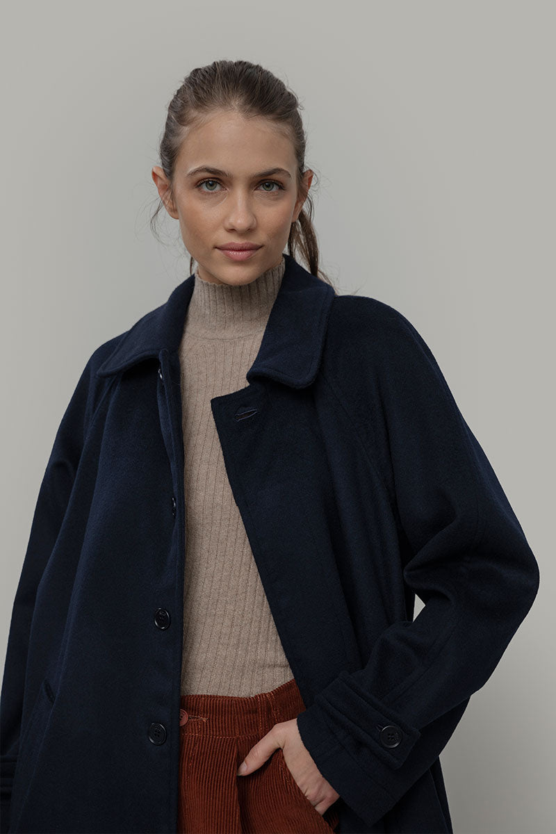 Cappotto Lungo Donna Lana Rigenerata Helga Blu - Rifò Lab Moda circolare made in Italy 