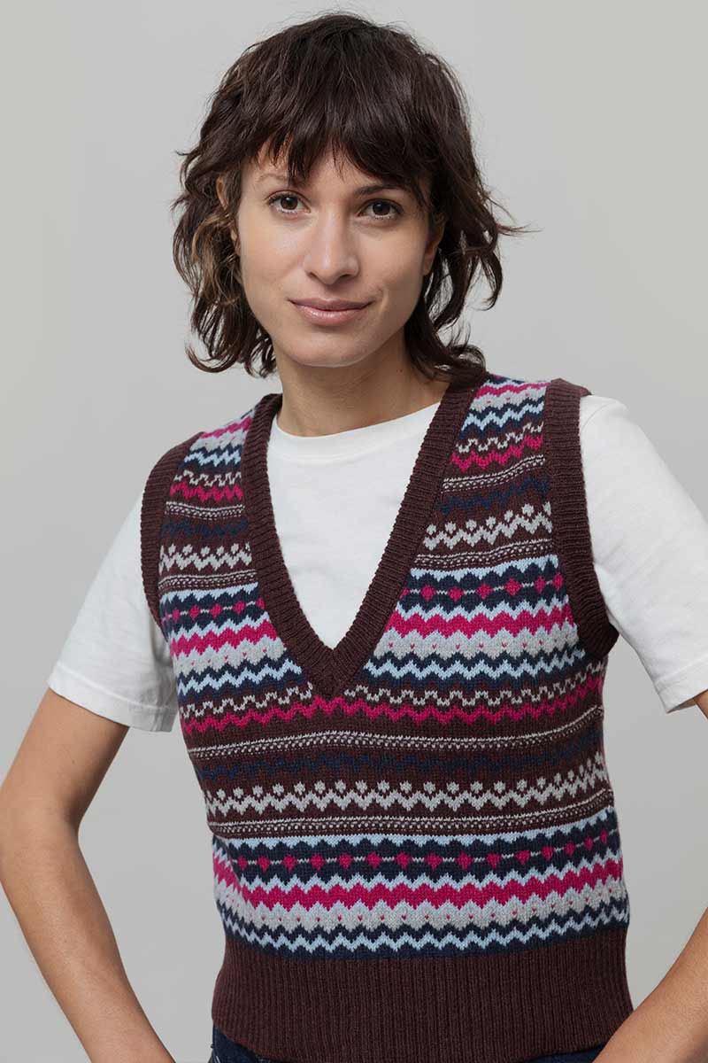 Gilet Lana Donna in Maglia Fanatasia Jacquard Stile Norvegese Simonetta  - Rifò Lab Moda circolare made in Italy