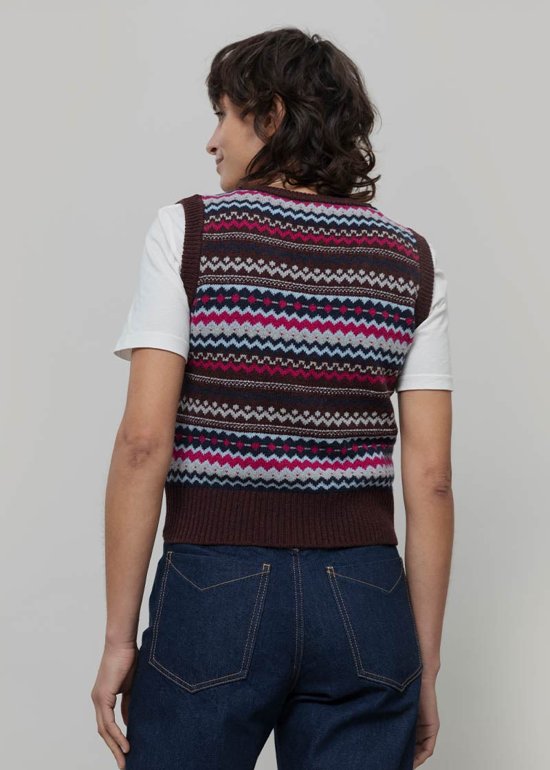 Gilet Lana Donna in Maglia Fanatasia Jacquard Stile Norvegese Simonetta  - Rifò Lab Moda circolare made in Italy