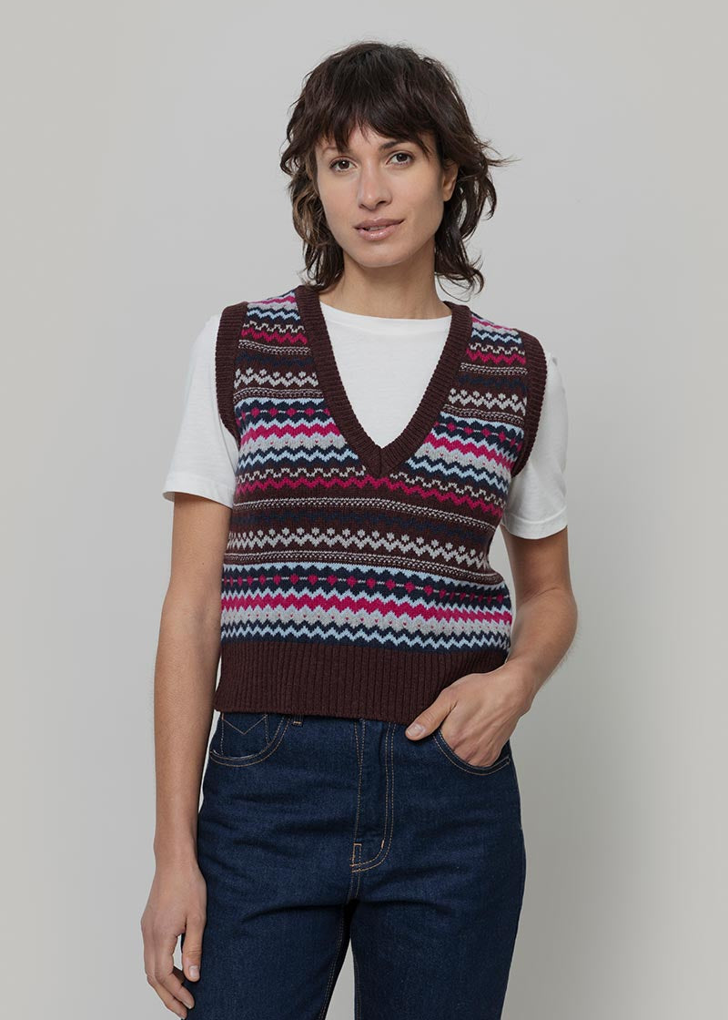 Gilet Lana Donna in Maglia Fanatasia Jacquard Stile Norvegese Simonetta  - Rifò Lab Moda circolare made in Italy