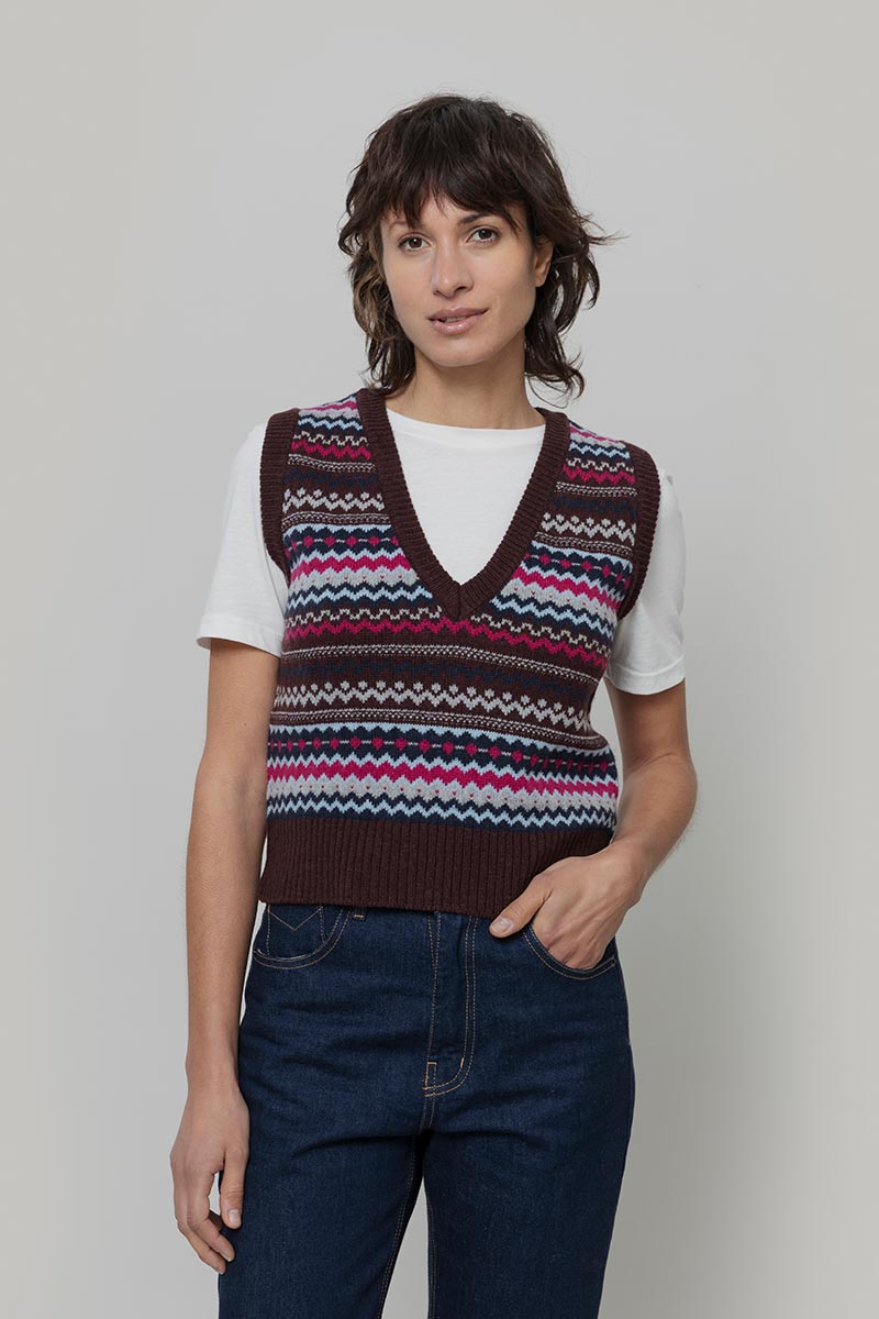 Gilet Lana Donna in Maglia Fanatasia Jacquard Stile Norvegese Simonetta  - Rifò Lab Moda circolare made in Italy