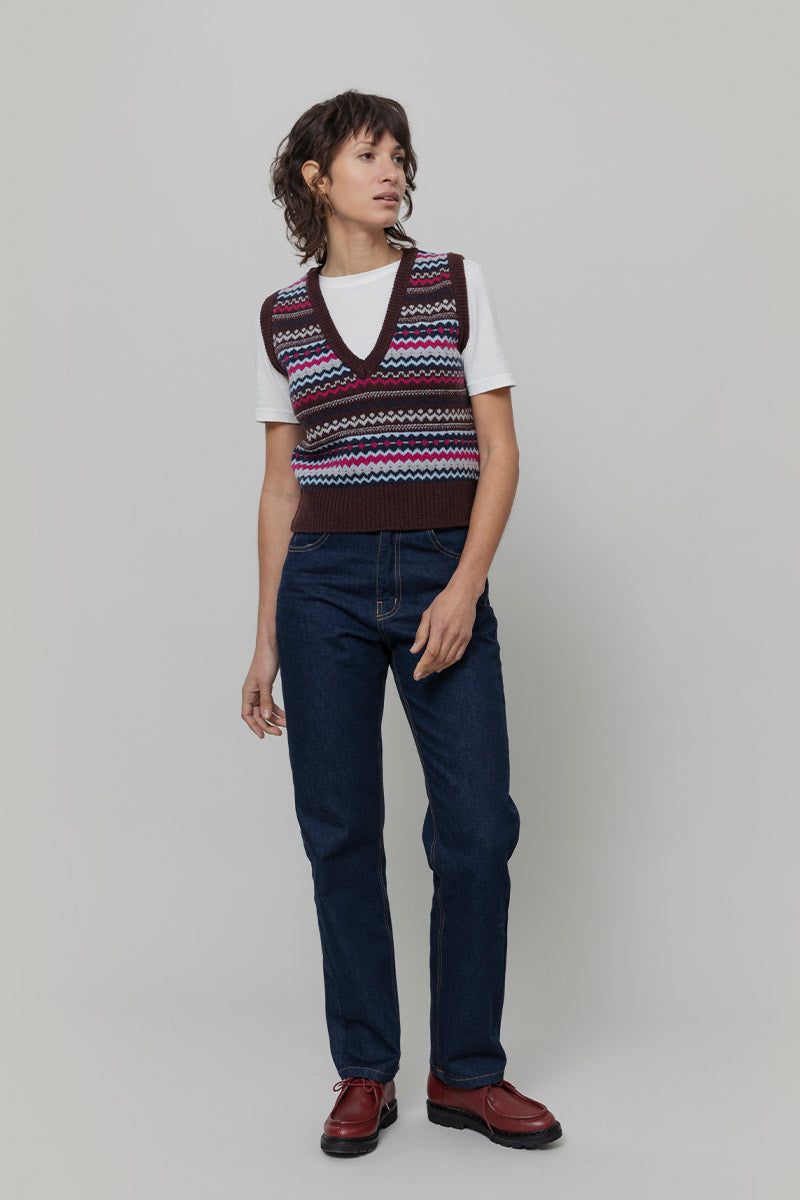 Gilet Lana Donna in Maglia Fanatasia Jacquard Stile Norvegese Simonetta  - Rifò Lab Moda circolare made in Italy