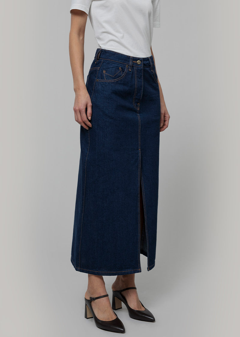 Gonna midi in denim di cotone biologico con elastico in vita e tasche - Blu denim Gonna midi in denim di cotone biologico con elastico in vita e tasche - Blu denim