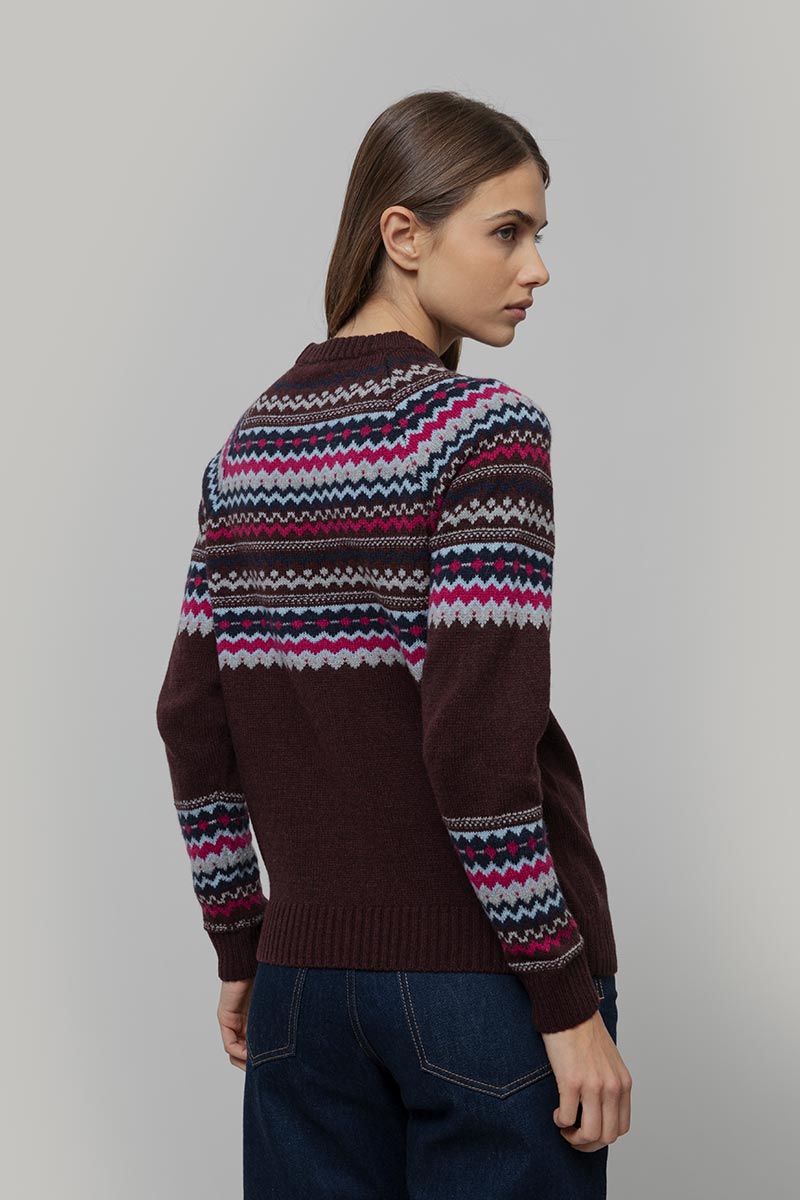 Maglione Lana Donna Stile Norvegese Fantasia Jacquard Marina - Rifò Lab Moda circolare made in Italy