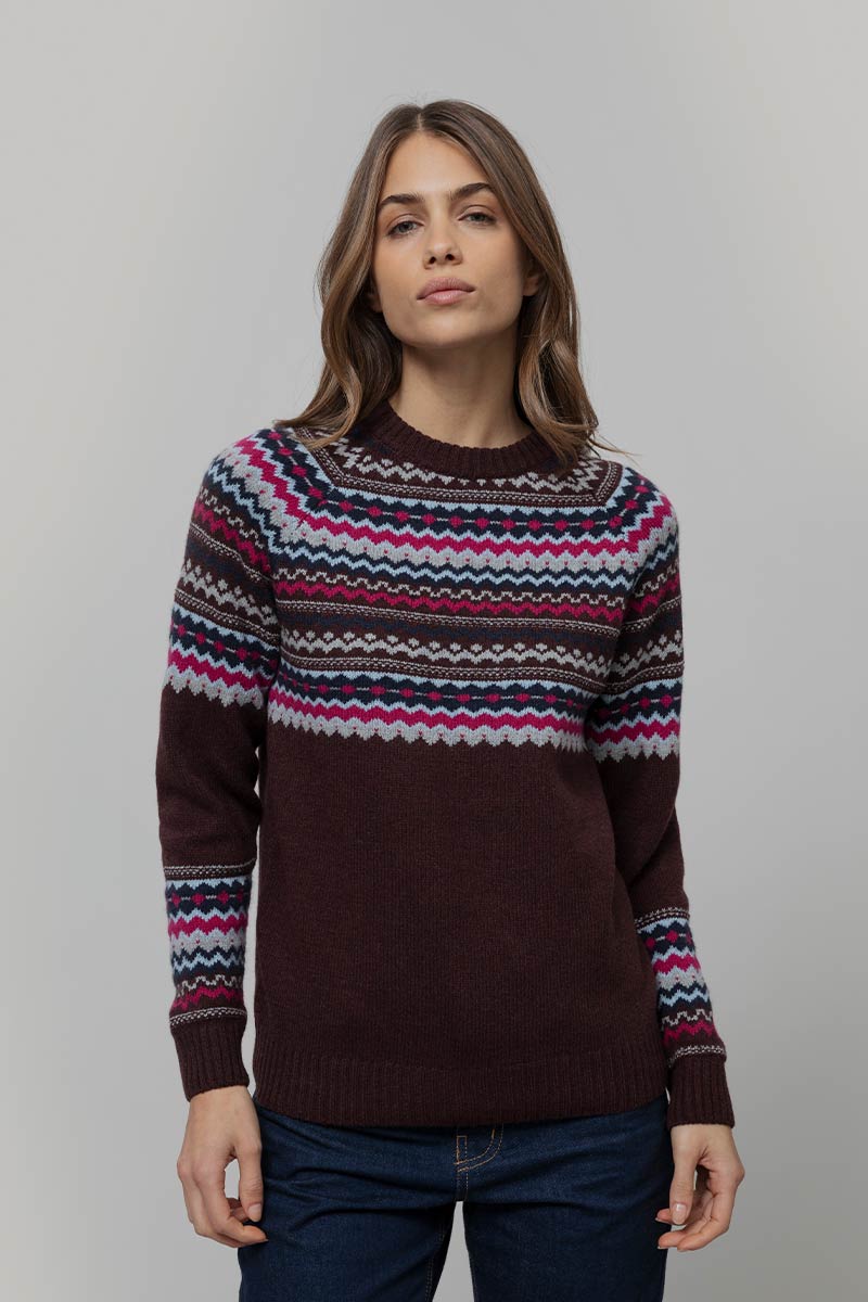 Maglione Lana Donna Stile Norvegese Fantasia Jacquard Marina - Rifò Lab Moda circolare made in Italy