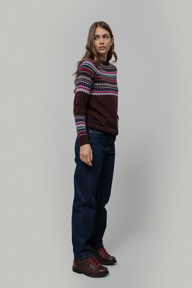 Maglione Lana Donna Stile Norvegese Fantasia Jacquard Marina - Rifò Lab Moda circolare made in Italy