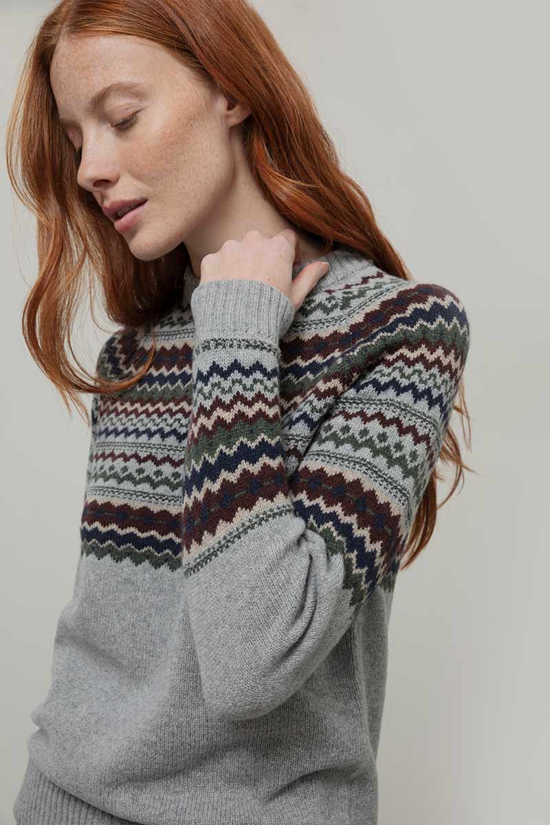 Maglione Lana Donna Stile Norvegese Fantasia Jacquard Marina - Rifò Lab Moda circolare made in Italy