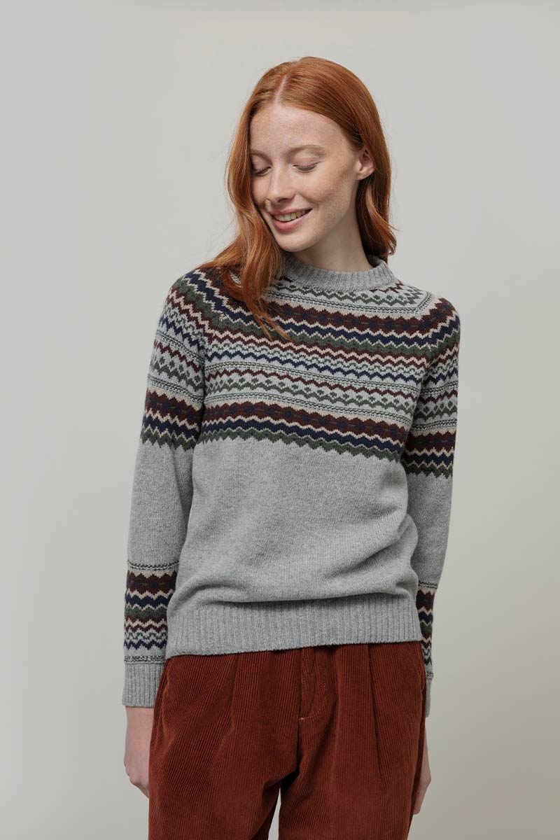 Maglione Lana Donna Stile Norvegese Fantasia Jacquard Marina - Rifò Lab Moda circolare made in Italy