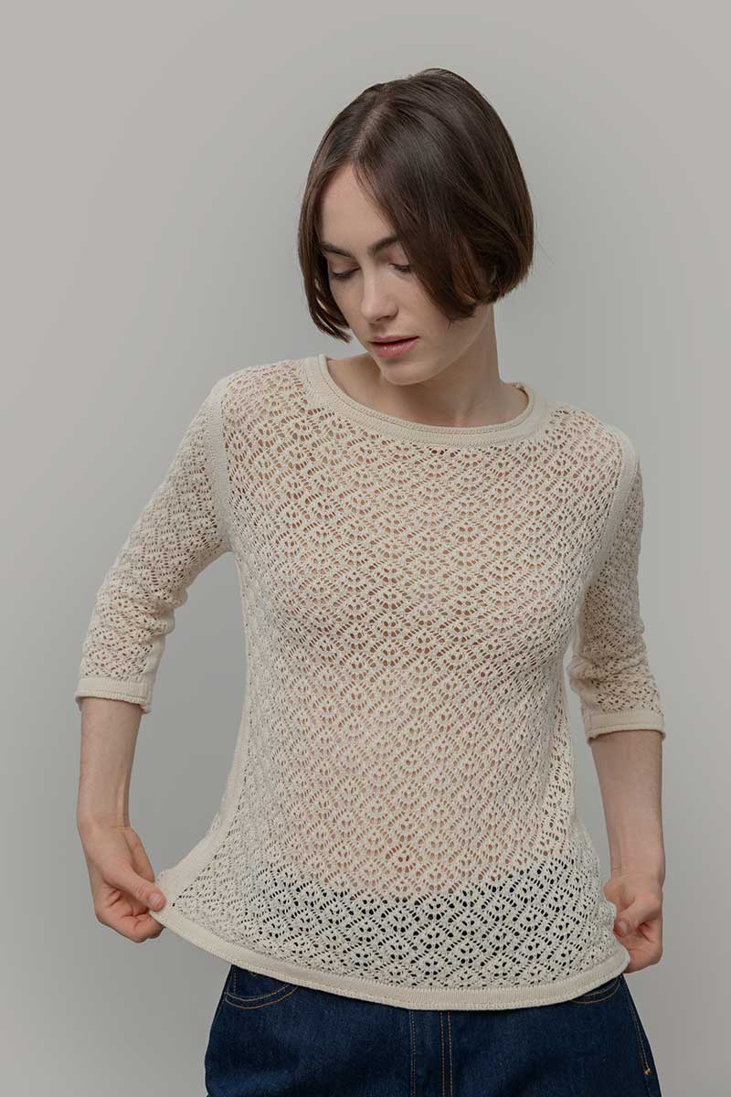 Maglia Traforata Donna Maglia Cotone Crochet Carmen - Rifò Lab Moda circolare made in Italy