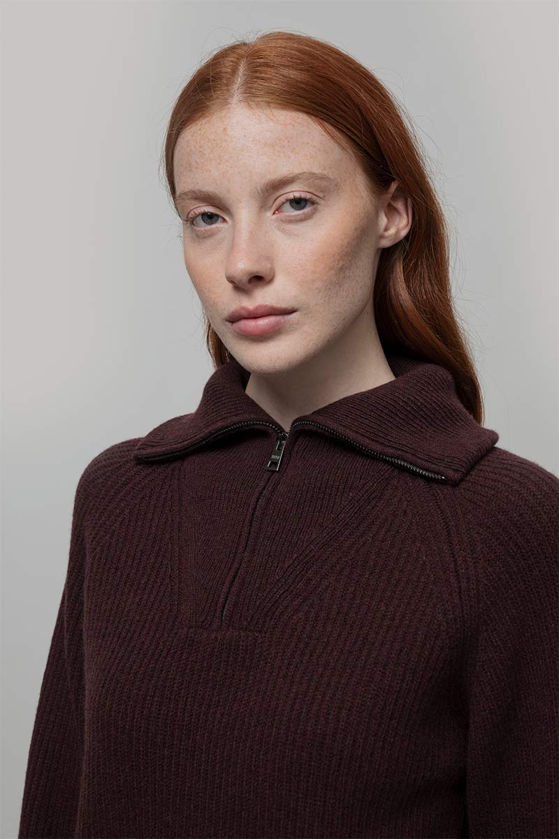 Women Quarter-Zip Turtleneck Sweater Wool Brown - Rifò