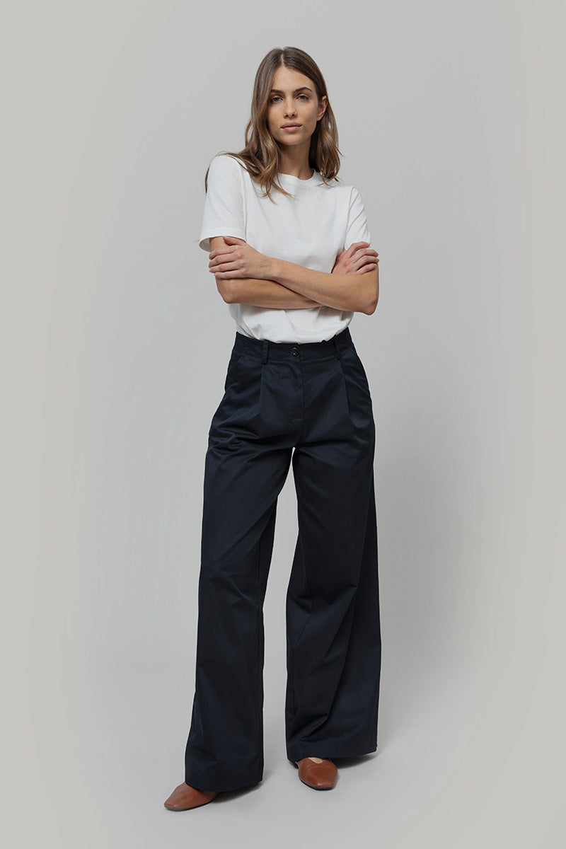 Pantaloni Palazzo Donna Cotone Blu Scuro Felicita - Rifò Lab Moda circolare made in Italy
