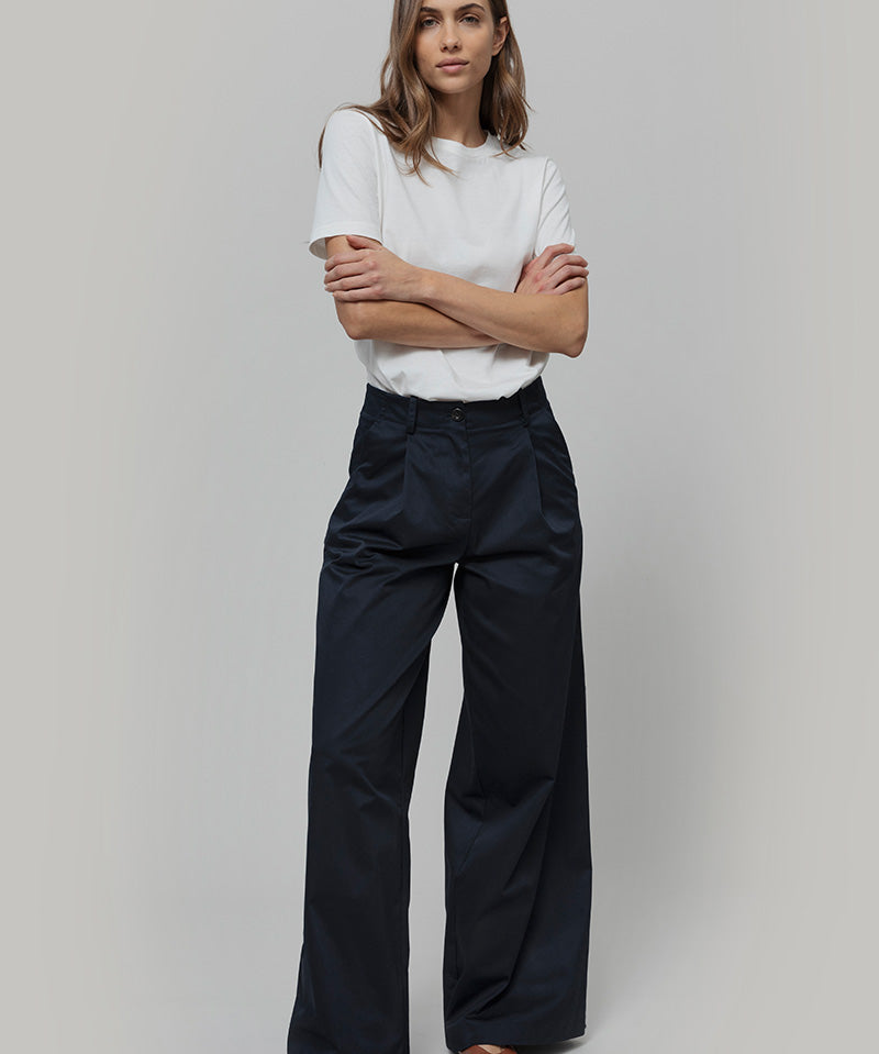 Pantaloni Palazzo Donna Cotone Blu Scuro Felicita - Rifò Lab Moda circolare made in Italy
