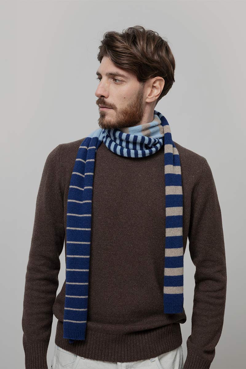 Sciarpa Cashmere Sottile a Righe Blu Rino - Rifò Lab Moda circolare made in Italy