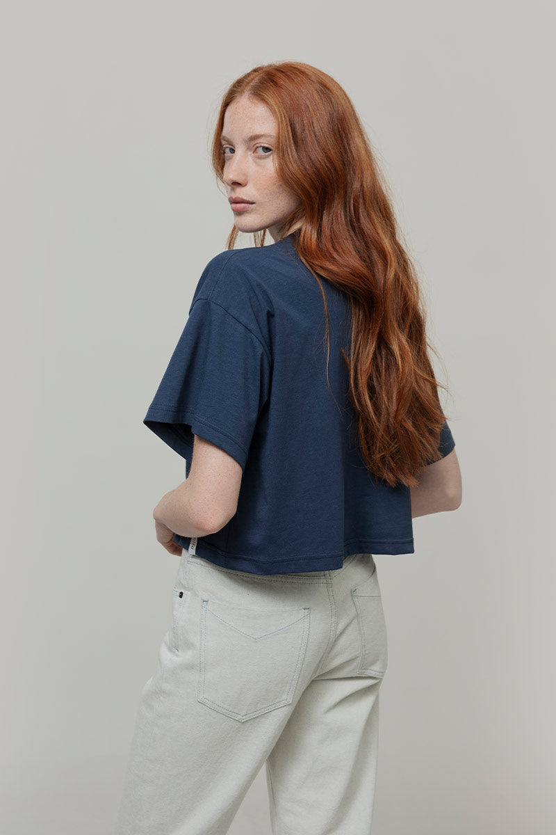 T Shirt Crop Top Donna Cotone Rigenerato Blu Alessia - Rifò