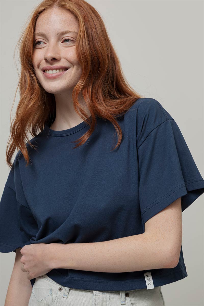 T Shirt Crop Top Donna Cotone Rigenerato Blu Alessia - Rifò