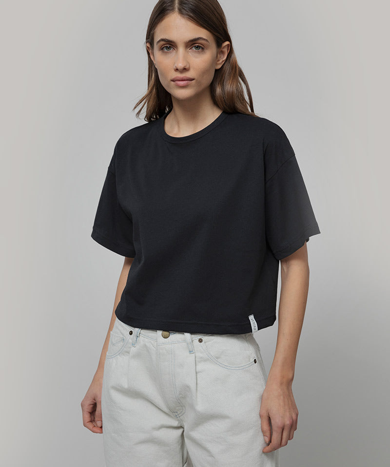 T Shirt Crop Top Donna Cotone Rigenerato Nera Alessia - Rifò
