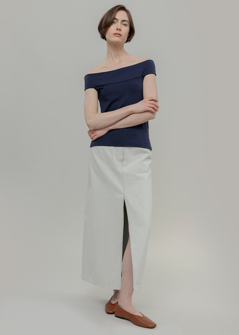Top Spalle Scoperte Scollo Bardot Viscosa Blu Rosalia - Rifò Lab Moda circolare made in Italy