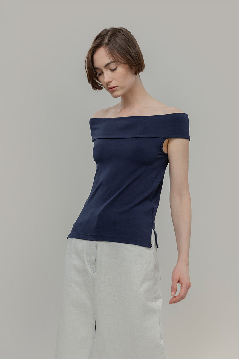 Top Spalle Scoperte Scollo Bardot Viscosa Blu Rosalia - Rifò Lab Moda circolare made in Italy