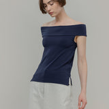 Top Spalle Scoperte Scollo Bardot Viscosa Blu Rosalia - Rifò Lab Moda circolare made in Italy