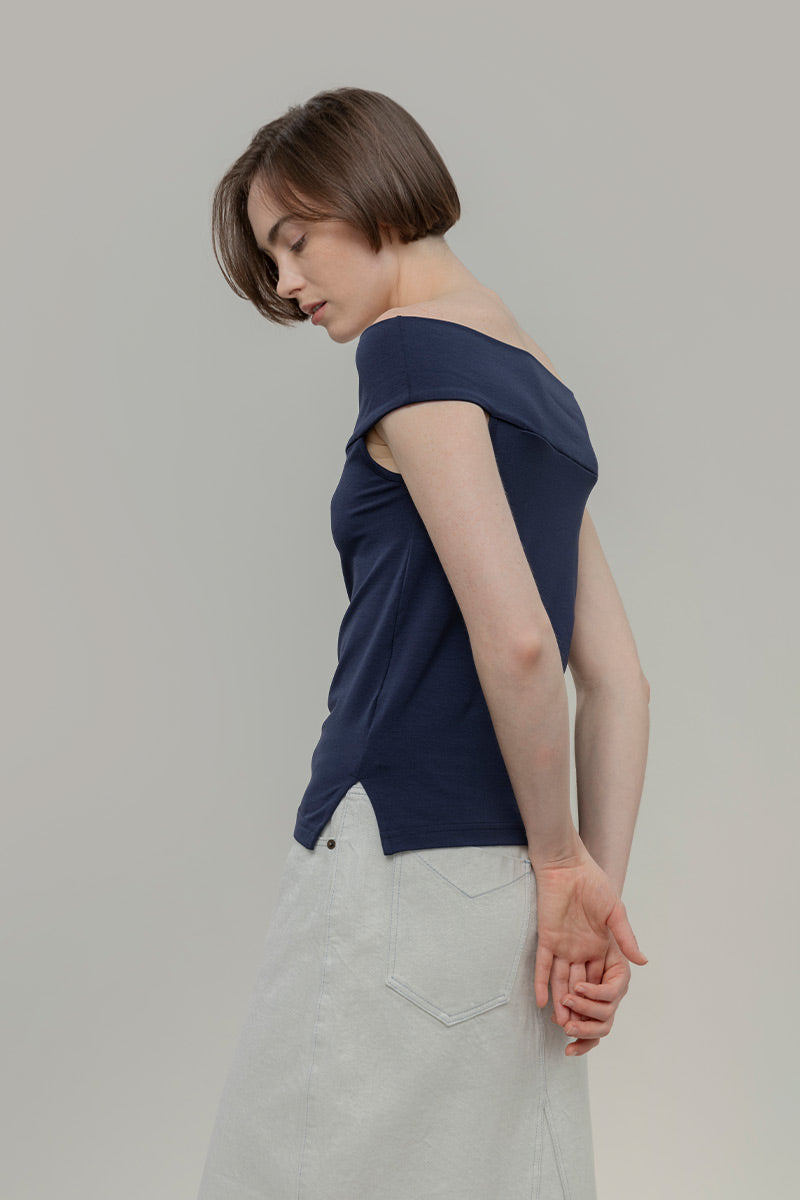 Top Spalle Scoperte Scollo Bardot Viscosa Blu Rosalia - Rifò Lab Moda circolare made in Italy