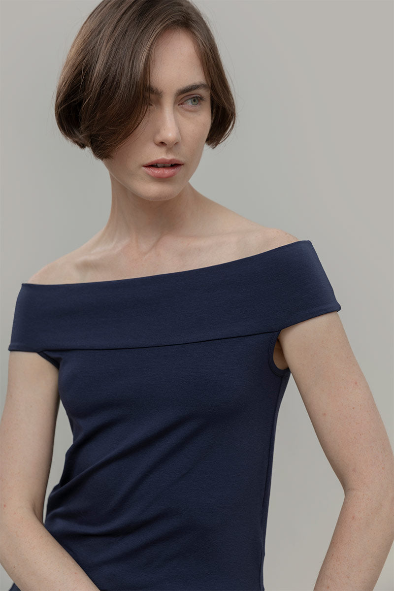 Top Spalle Scoperte Scollo Bardot Viscosa Blu Rosalia - Rifò Lab Moda circolare made in Italy