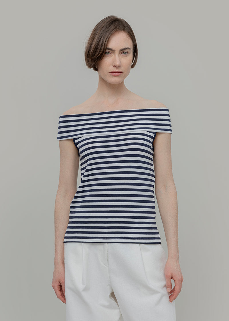 Top Spalle Scoperte Donna Viscosa a Righe con Scollo alla Bardot Rosalia - Rifò Lab Moda circolare made in Italy