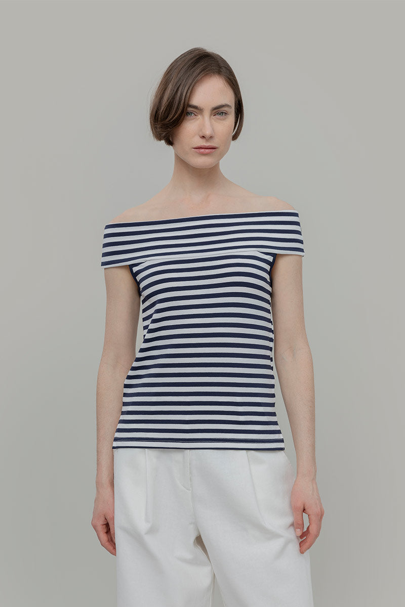 Top Spalle Scoperte Donna Viscosa a Righe con Scollo alla Bardot Rosalia - Rifò Lab Moda circolare made in Italy