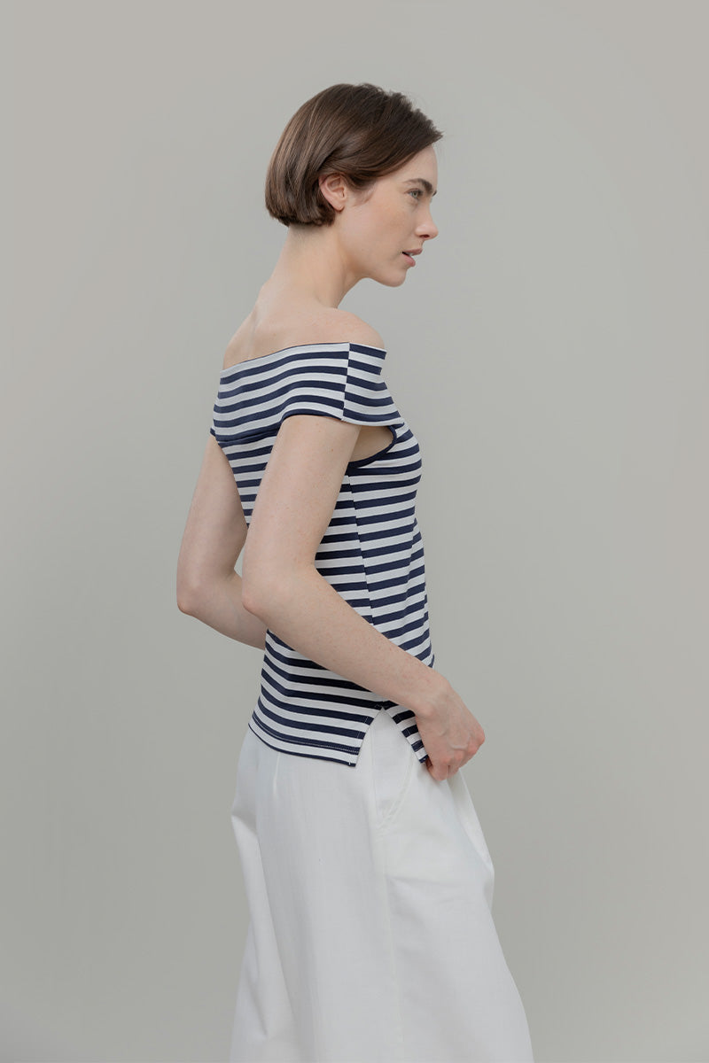 Top Spalle Scoperte Donna Viscosa a Righe con Scollo alla Bardot Rosalia - Rifò Lab Moda circolare made in Italy