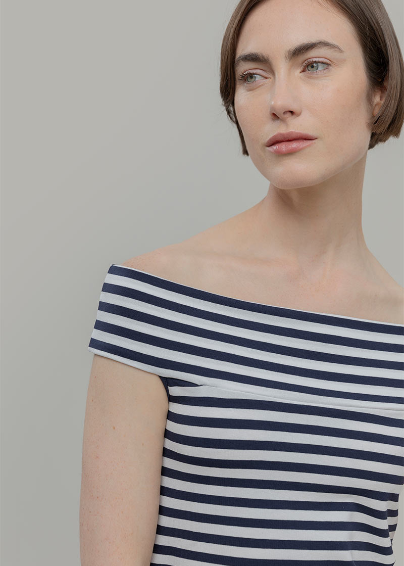 Top Spalle Scoperte Donna Viscosa a Righe con Scollo alla Bardot Rosalia - Rifò Lab Moda circolare made in Italy