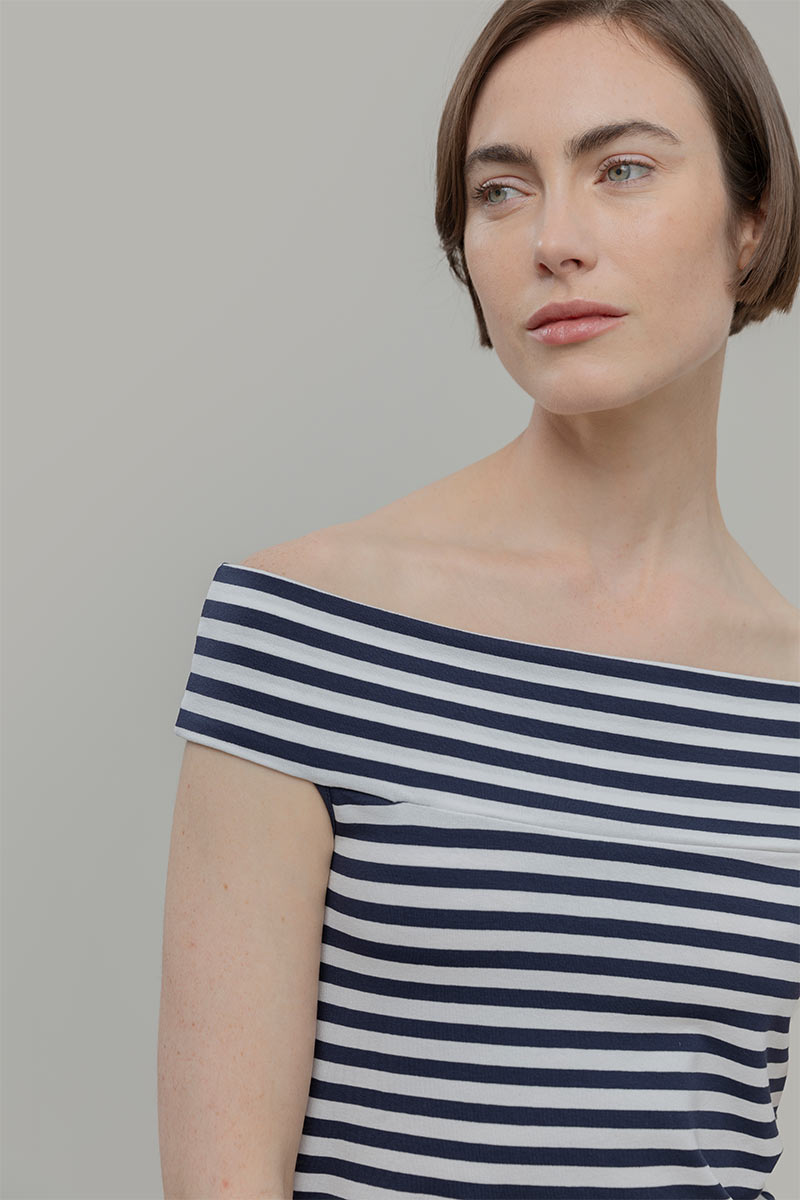 Top Spalle Scoperte Donna Viscosa a Righe con Scollo alla Bardot Rosalia - Rifò Lab Moda circolare made in Italy